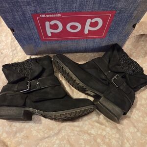 POP Black Suede Buckle Ankle Boots for Women